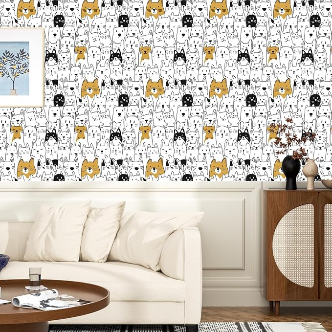 Cats Peel and Stick Wallpaper Boho White Contact Paper Cute Animal Removable Self Adhesive Waterproof Wall Paper for Cabinet Drawers Wall Decor Renter Friendly 17.5''x118''