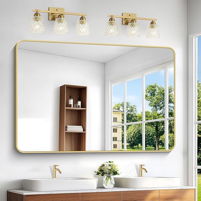 BONEWEI Gold Bathroom Mirror,60x40 inch Wall Mirror for Bathroom Wall Mounted,Round Rectangle Mirror for Bathroom Over Sink,Modern Frame for Home Decor Living Room,Bedroom Entryway,Horizontal/Vertical