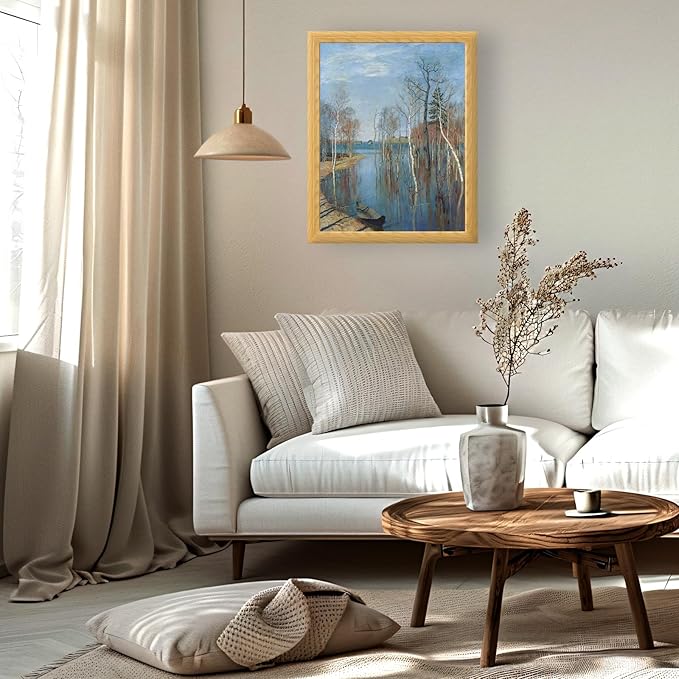 Brivoria Framed Canvas Wall Art Vintage Decor, Realistic Spring Art Print with Mat of Birch Trees Still Water and Cool Light for Living Room Statement Wall or Nature-Inspired Display, 16"x20"