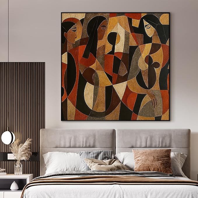 46"x46" XL Framed Wall Art - Cubist Figurative Abstract Warm Tones (Frame Assembly Required)