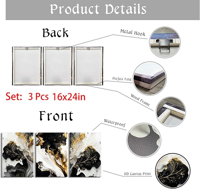 3Pcs Abstract Marble Canvas Wall Art Picture Black White Gold Texture Poster Print Modern Painting Wall Decor for Bedroom Living Room Office 16x24in Framed