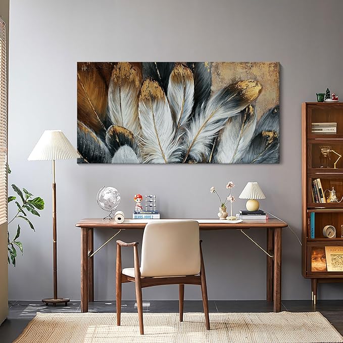 Mofutinpo Feather Wall Art Modern Living Room Bedroom Wall Decoration Large Giclee Print Canvas Painting Artwork for Home Decor One Piece White Gold Brown Feather Picture Ready to Hang 24x48 Size