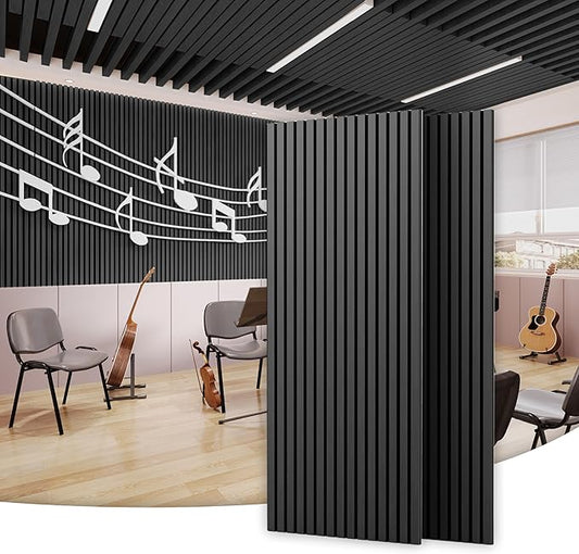 2-Pack 47.2" x 23.6" Decorative Acoustic Panels, Soundproof Slat Wall Panels for with Felt Backing, Sound Absorbing Art Wall Paneling for Office and TV Background, Charcoal Black
