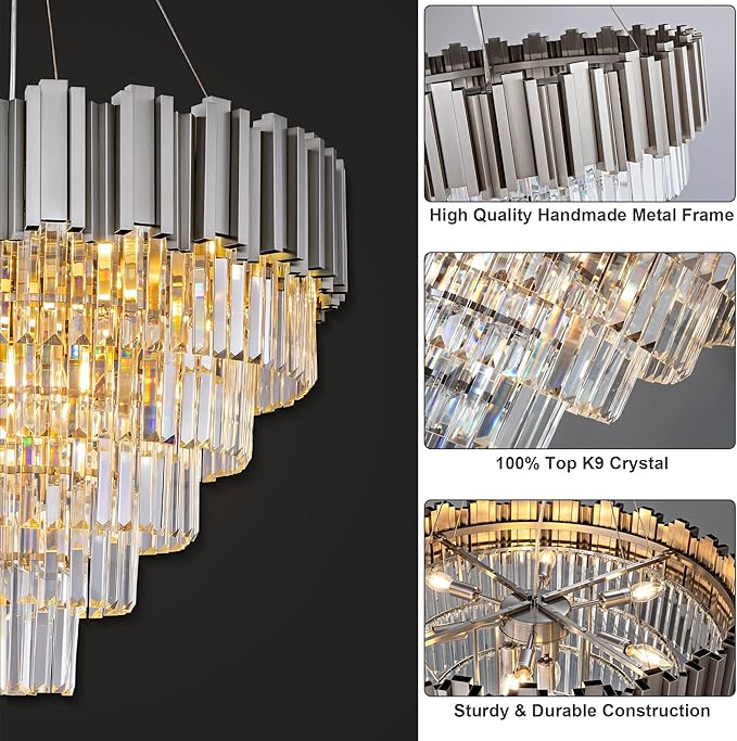 5-Tier 27.5" Silver Chandelier, 9-Light Modern Crystal Chandelier, Luxury Round K9 Crystal Chandeliers Light Fixture for Dining Room, Living Room, Bedroom, Foyer, Entryway, Kitchen, Restaurant