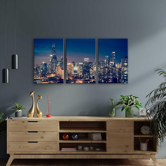 NAN Wind Modern Canvas Painting Chicago Skyline at Night Wall Art Cityscape Picture Print on Canvas Blue City Cool Building Giclee Artwork for Home Office Living Room Bedroom Decoration Framed