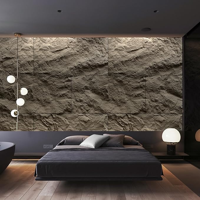 KASARO 3D Faux Stone Wall Panels, 4 PCS PU Wainscoting Panel for Interior Wall Decor, Cement Texture Thicker Accent for Home, Office, 43.3 × 23.6 inch, Grey