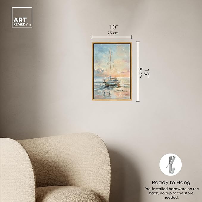 Art Remedy Boat On The Shore Framed Sailing 1 Piece Canvas Wall Art, 11.5" x 16.5", Gold Frame