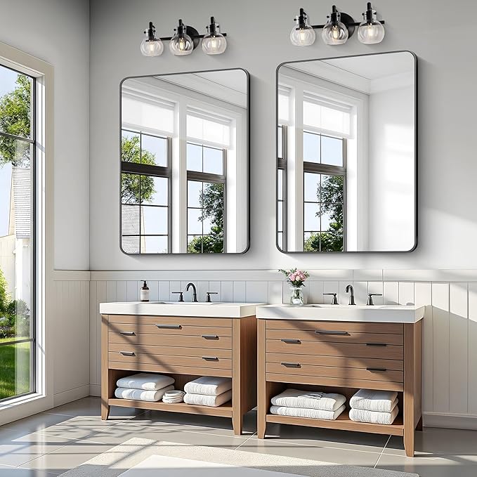 KOCUUY Black Bathroom Mirror 48"x36", Large Vanity Mirror with Rounded Corner, Metal Black Frame with Mordern Design for Bathroom, Living Room, Entryway, Hang Horizontal/Vertical