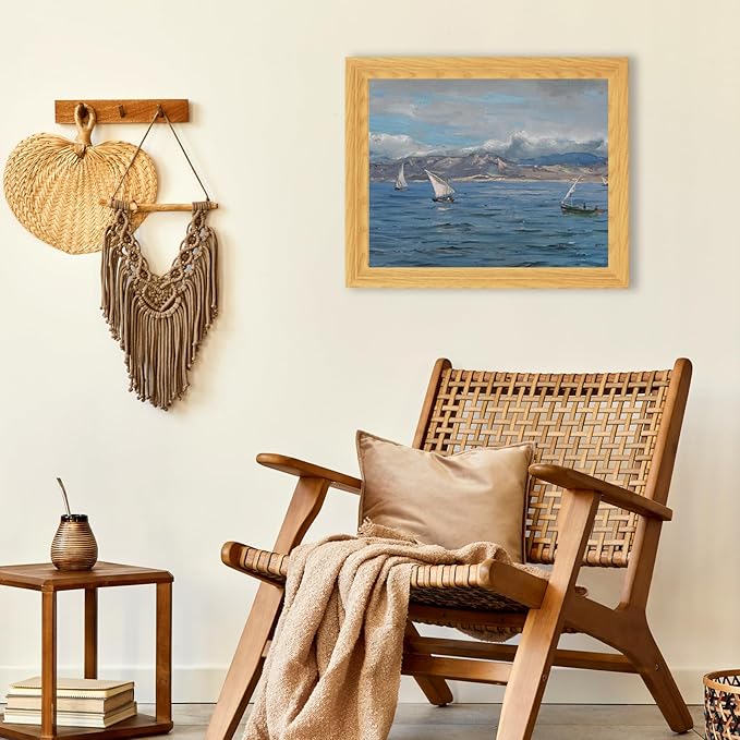 Brivoria Framed Canvas Wall Art Vintage Decor, Impressionist Coastal Scene with Sailboats and Ocean Texture Under Moody Sky for Hallway Entryway or Nautical Accent Wall Decoration, 13"x16"