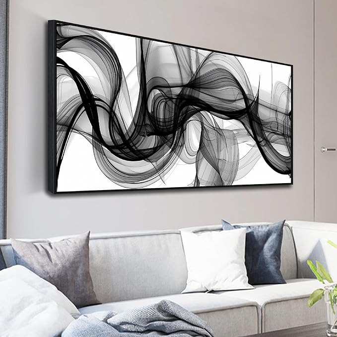 Abstract Wall Art for Living Room, Black and White Canvas Wall Decor for Bedroom, Smoke Picture Print, Large Size 59 x 29 Inches Framed