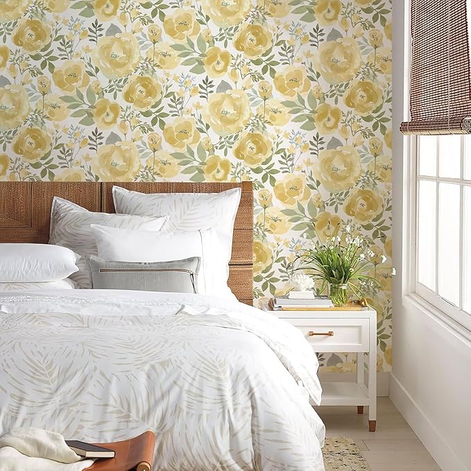 Orainege Floral Wallpaper Peel and Stick Wallpaper 16.9inx118.1in Self Adhesive Wallpaper Boho Contact Paper Removable Decorative Wall Paper for Bedroom Bathroom Shelf Liner Decor Vinyl,Yellow