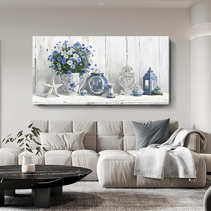 Nicetop Oversized Vintage Wall Art – Rustic Coastal Still Life Floral Canvas Print Country Farmhouse Cottagecore Shabby Chic Style Botanical Artwork Blue Picture for Large Living Room Kitchen 58x29Inch
