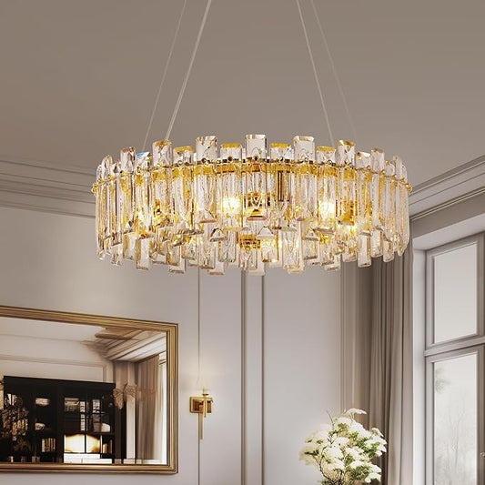 Modern Luxury K9 Crystal Chandelier 8-Lights Gold Round Pendant Light Easy Install Ceiling Hanging Light Fixture for Dining Living Room Kitchen Island Entryway Foyer D23.6