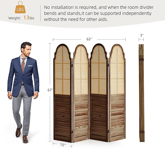 4 Panel Rattan Room Divider, 6 FT Tall Portable Partition Solid Wood Frame Folding Privacy Screen, Partition Room Divider Ideal for Bedroom Living Room Office, Dark Brown