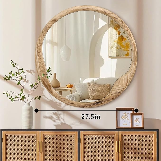 AOAOPQ Bedroom Unique Vanity Mirror Shaped Dressing Mirror 28" Beige Round Drum Wood Mirror for for Wall Entryway Living Room Frame for Home Decor