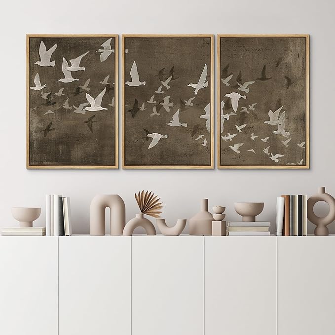 MUDECOR Framed Wall Art Print Set Flock of Abstract Birds in Flight Earthy Tones Illustrations Modern Art Boho Decorative Colorful Chic for Living Room, Bedroom, Office - 16"x24"x3 Natural
