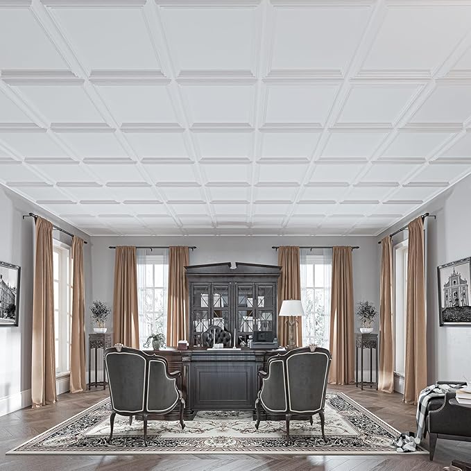 Art3d 24-Pack Drop Relief Ceiling Tiles for Home, Office & Commercial Space, 24 x 24in PVC Waterproof 3D Wall Panels Cover 96 Sq. Ft, White