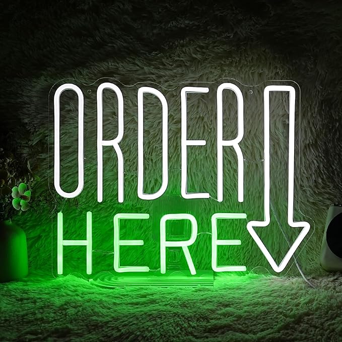 Order Here Neon Sign Cool White Green Letter Neon Light for Wall Decor Dimmable USB LED Light UP Words Sign for Restaurant Shop Bar Business Neon Wall Decor Sign (16.5‘’*11.2‘’）