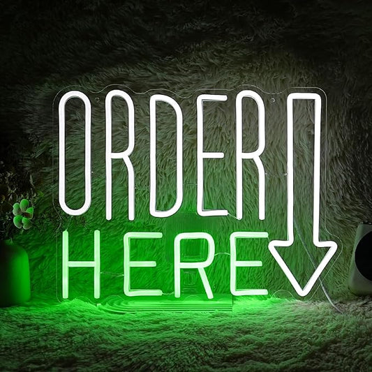 Order Here Neon Sign Cool White Green Letter Neon Light for Wall Decor Dimmable USB LED Light UP Words Sign for Restaurant Shop Bar Business Neon Wall Decor Sign (16.5‘’*11.2‘’）