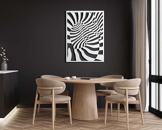 NEODECO Dancing Zebras Metal Wall Art, Black White Animal Wall Decor for home, 3d geometric illusion art sculpture for living room & for bedroom, (White, Large)