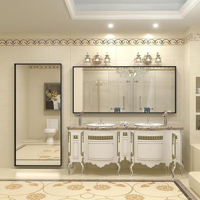 72x32 Inch Black Metal Framed Bathroom Mirror for Wall, Large Black Matte Rectangle Bathroom Vanity Mirror, Square Corner, Anti-Rust, Shatter-Proof, Hangs Horizontally or Vertically