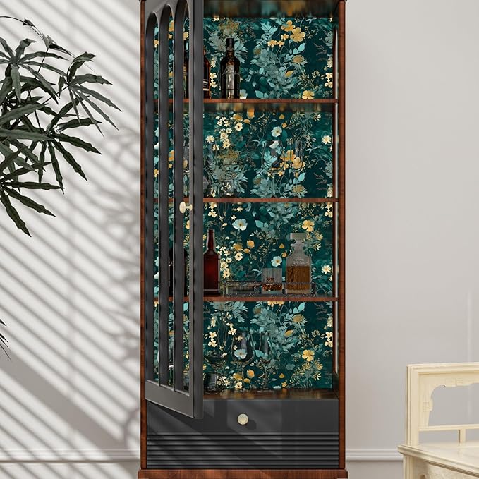 Blue Floral Peel and Stick Wallpaper Boho Leaf Contact Paper Dark Watercolor Removable Self Adhesive Waterproof Wall Paper for Cabinet Drawers Wall Decor Renter Friendly 17.5''x118.1''