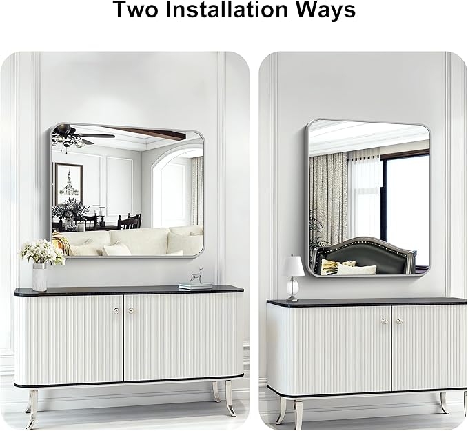 KOCUUY Silver Bathroom Mirror, 30x36 Inch Bathroom Mirror for Over Sink, HD Tempered Glass, Anti-Rust Brushed Silver Frame, Rounded Corner Modern Design for Bathroom, Hang Horizontal/Vertical