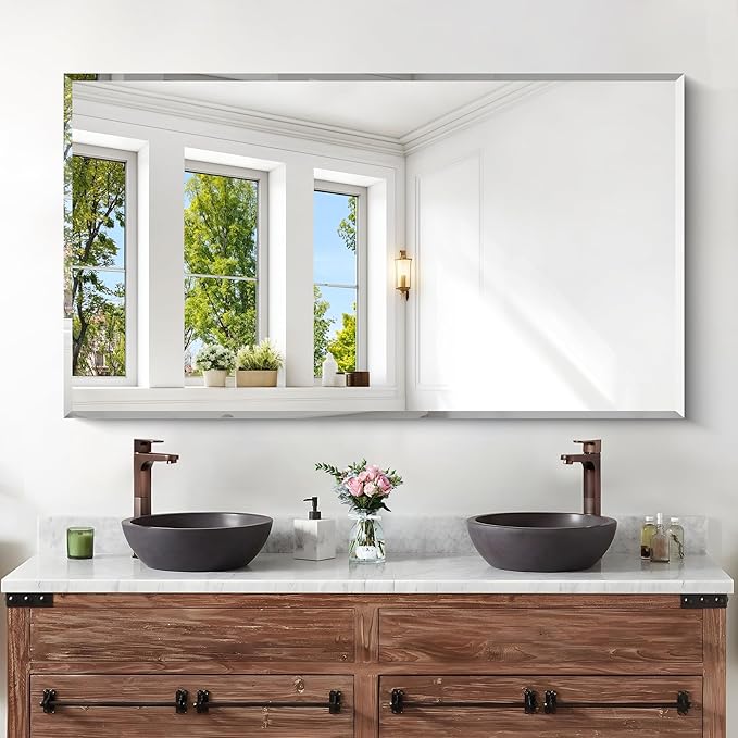 KOCUUY Beveled Mirror, 55x30 Inch Large Frameless Bathroom Mirror for Over Sink, Upgraded Shatterproof Beveled Unframed Design Mirror for Bathroom, Bedroom, Hang Horizontal/Vertical