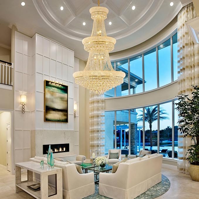 31 Lights Gold Finish Large Empire Crystal Chandelier - Three-Tier, High Ceiling Chandelier Light fixtures for Foyer Staircase Living Room Entryway (Dia 32'')