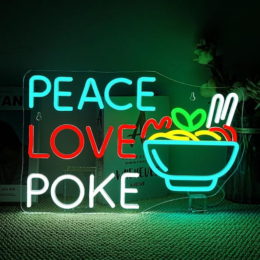 Looklight Peace Love Poke Ramen Neon Sign,Noodles Led Lights Neon Lights for Wall Decor Light Up Signs for Restaurant Kitchen Dinning Room Japanese Noodle Shop