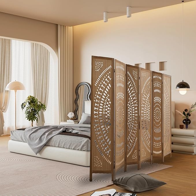 6 Panel Wood Room Divider Fully Assembled, Decorative Room Dividers and Folding Screens, 5.6Ft Room Divider Screen Freestanding Partition Wall Dividers for Home Bedroom Office, Brown