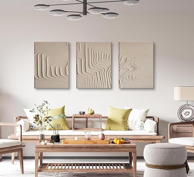 3Pcs Framed Beige Cream Abstract Textured Line Art Curved Canvas Wall Art Prints Posters Pictures Paintings Wall Decor for Minimalist Boho Living Room Bedroom Office Decoration