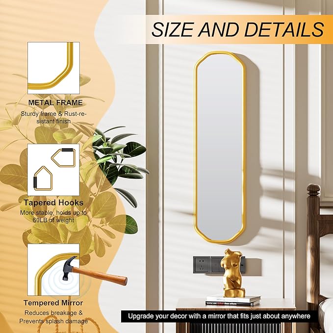 Modern Slim Wall Decor Mirror 10"x44" Gold - Skinny Wall Decor for Entryway, Bedroom, Nursery, Luxury Metal Frame with Anti-Shatter Glass