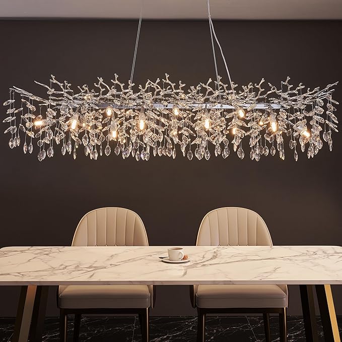Modern Tree Branch Chandelier, 16 Lights Rectangular 59" Crystal Silver Chandeliers Height Adjustable for Kitchen Island Dining Room Living Room
