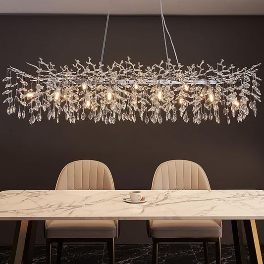 Modern Tree Branch Chandelier, 16 Lights Rectangular 59" Crystal Silver Chandeliers Height Adjustable for Kitchen Island Dining Room Living Room