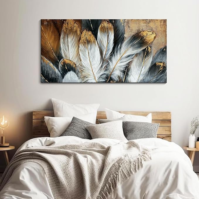 Mofutinpo Feather Wall Art Modern Living Room Bedroom Wall Decoration Large Giclee Print Canvas Painting Artwork for Home Decor One Piece White Gold Brown Feather Picture Ready to Hang 24x48 Size