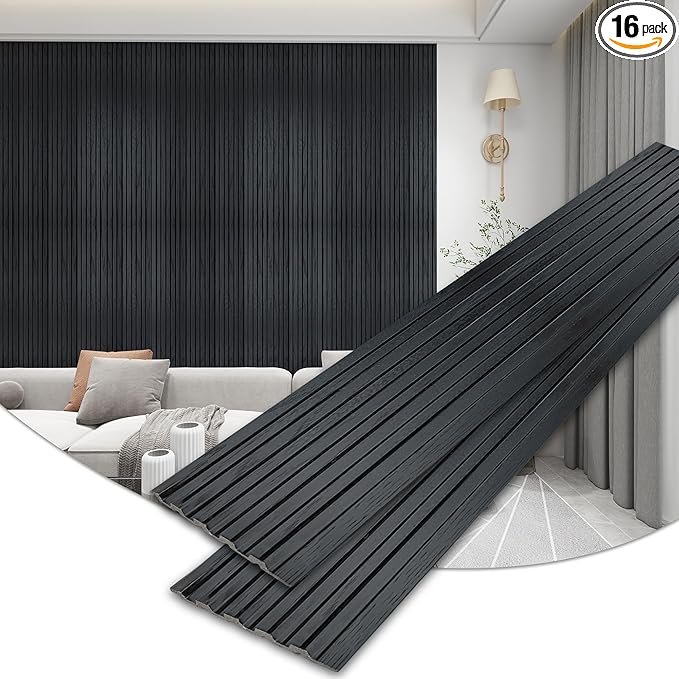 KASARO 3D Faux Wood Wall Panels - 16 Pack (47.2"x4.8") Fluted Slat Paneling for Walls & Ceilings, Adhesive or Nail Install, Waterproof Textured Decor - Living Room, Bedroom, Black