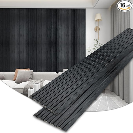 KASARO 3D Faux Wood Wall Panels - 16 Pack (47.2"x4.8") Fluted Slat Paneling for Walls & Ceilings, Adhesive or Nail Install, Waterproof Textured Decor - Living Room, Bedroom, Black