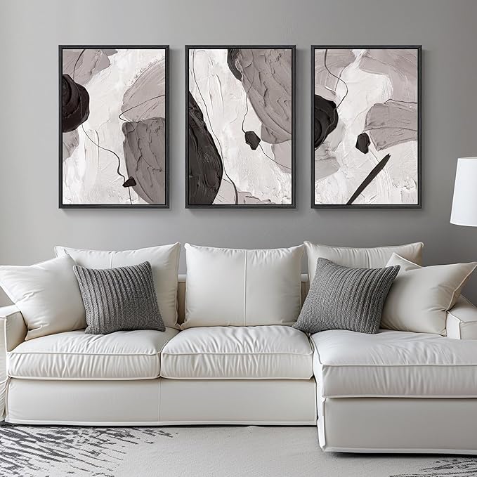Large Framed Black and White Grey Abstract Wall Art for Living Room, 3 Piece Modern Canvas Prints Paintings Artwork for Walls, Minimalist Abstract Pictures for Hallway, Office Wall Decor 24x36 Inch