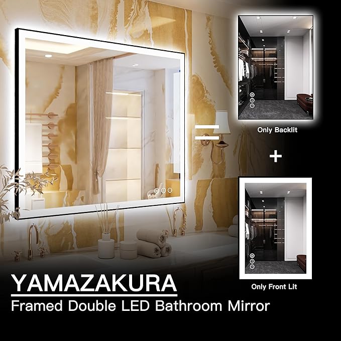 LED Mirror for Bathroom - 48x36 Vanity Mirror, Backlit & Front Light, Framed Dimmable, Anti-Fog, Shatterproof, Memory, 3 Colors