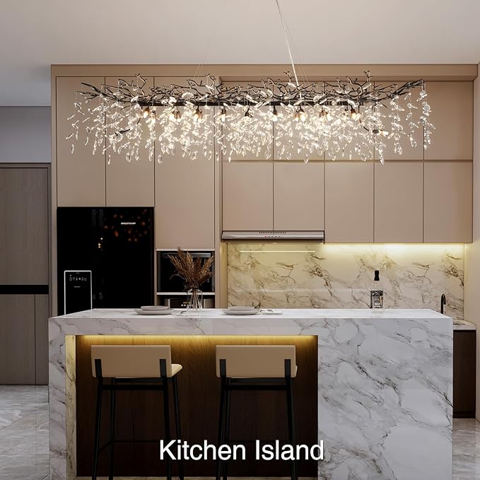 71" Black Crystal Chandelier, 20-Light Modern Tree Branch Chandelier, Luxury Rectangular K9 Crystal Raindrop Chandeliers for Dining Room Kitchen Island Living Room, Contemporary Pendant Light Fixture