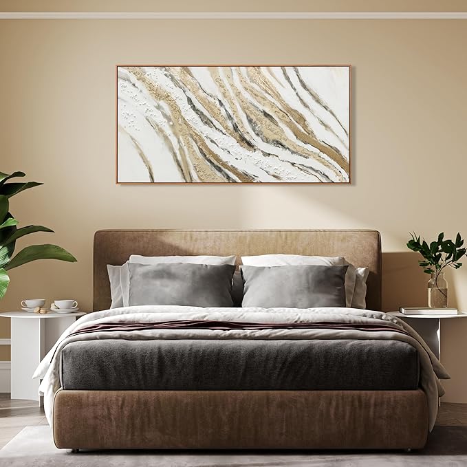 Abstract Wall Art Wall Decor Abstract Painting With Golden And White Lines Modern Canvas Art Abstract Artwork Framed Pictures For Living Room Bedroom Bathroom Office Home Decor Can Be Hung Directly 20"X 40"