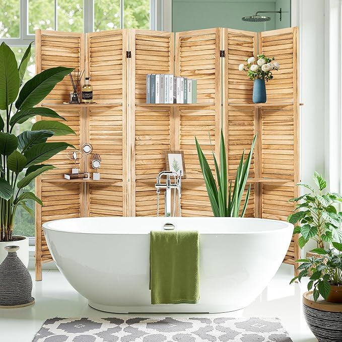 2 PCS Room Dividers 5.6FT Louvered Design 6 Panel Room Dividers with Display Shelves Folding Privacy Screens Portable Freestanding Partition Wall Dividers for Bedroom, Natural Wood