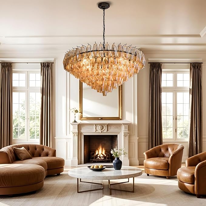 Large Chandelier, 37" Smoke Glass Chandelier for Living Room, 14-Light Round Drum Kitchen Island Hanging Light Fixture Perfect for Dining Room, Bedroom,Kitchen, Foyer- Black