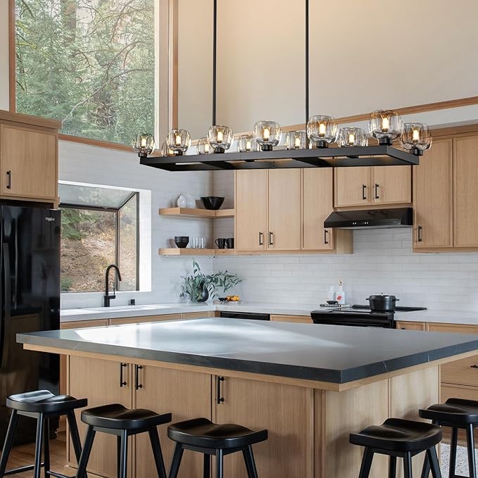 59 Inch Black Rectangle Wagon Wheel Chandeliers, Black Chandelier for Dining Room Over Table, Modern Crystal Long Chandelier, Farmhouse Large Linear Chandeliers for Kitchen Island