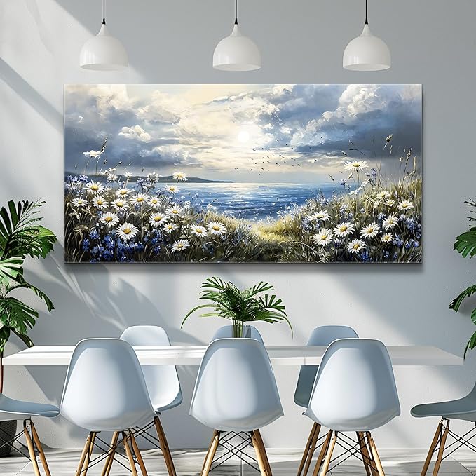 KELIYUAN Large Wall Decor Canvas Painting Wall Art For Living Room Decor Blue Mediterranean Garden Landscape Painting Bedroom Print Artwork Picture For Dining Room Bathroom Home Decoration 24x48 In