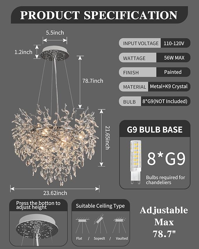 Modern Crystal Chandelier for Dining Room, 23.62" Chrome Tree Branch Chandeliers, 8-Light Luxury K9 Crystal Round Chandeliers for Kitchen Island Living Room