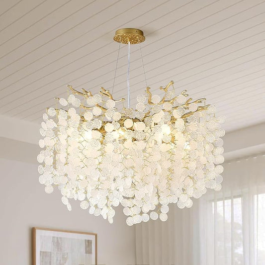 24-Inch Capiz Shell Chandelier, 8-Light Gold Coastal Chandelier, Modern Crystal Tree Branch Chandeliers, Boho Light Fixture for Bedroom, Living Room, Foyer, Entryway, Stairwell