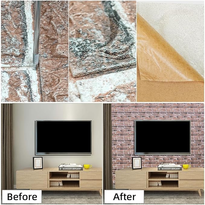 3D Wall Panels Peel and Stick in Red White, 40 PCS XPE Foam 3D Wallpaper, Faux Brick Wall Panels for Bedroom, Stairs, Kitchen