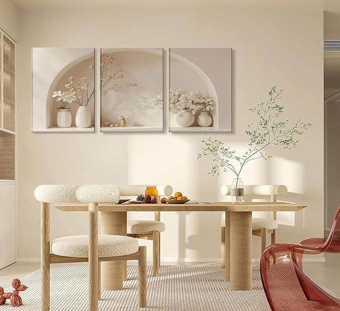 3pcs Framed Canvas Wall Art Arched Wabi Sabi Niche Textured Vases Dried Florals Posters Prints Pictures Paintings Minimalist Warm Beige Wall Decor for Bedroom Living Room Bohemian Decoration